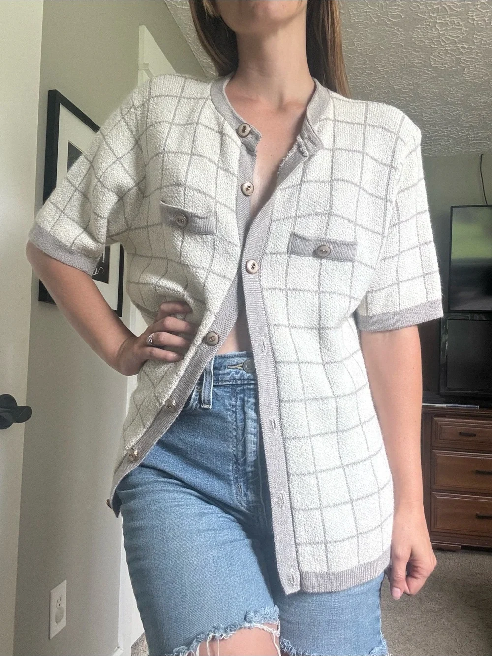 Alfred Dunner Cream and Gray Grid Short-Sleeve Button Cardigan